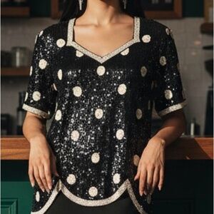 Stenay Sequin Vintage Beaded Silk Top Black White Polka Dot Short Sleeve Size 12
